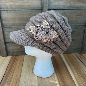 Elegant Taupe Knit Hat with Floral Accent